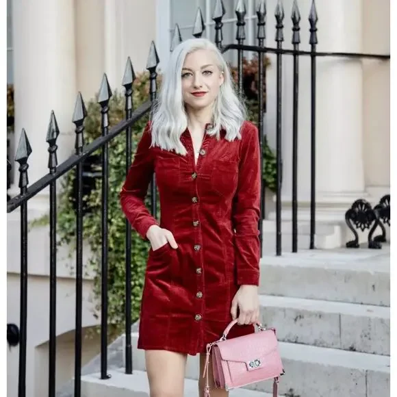 Zara Corduroy Button Down Long Sleeve Shirt Dress Red Blogger Fave Size Small - Picture 9 of 9